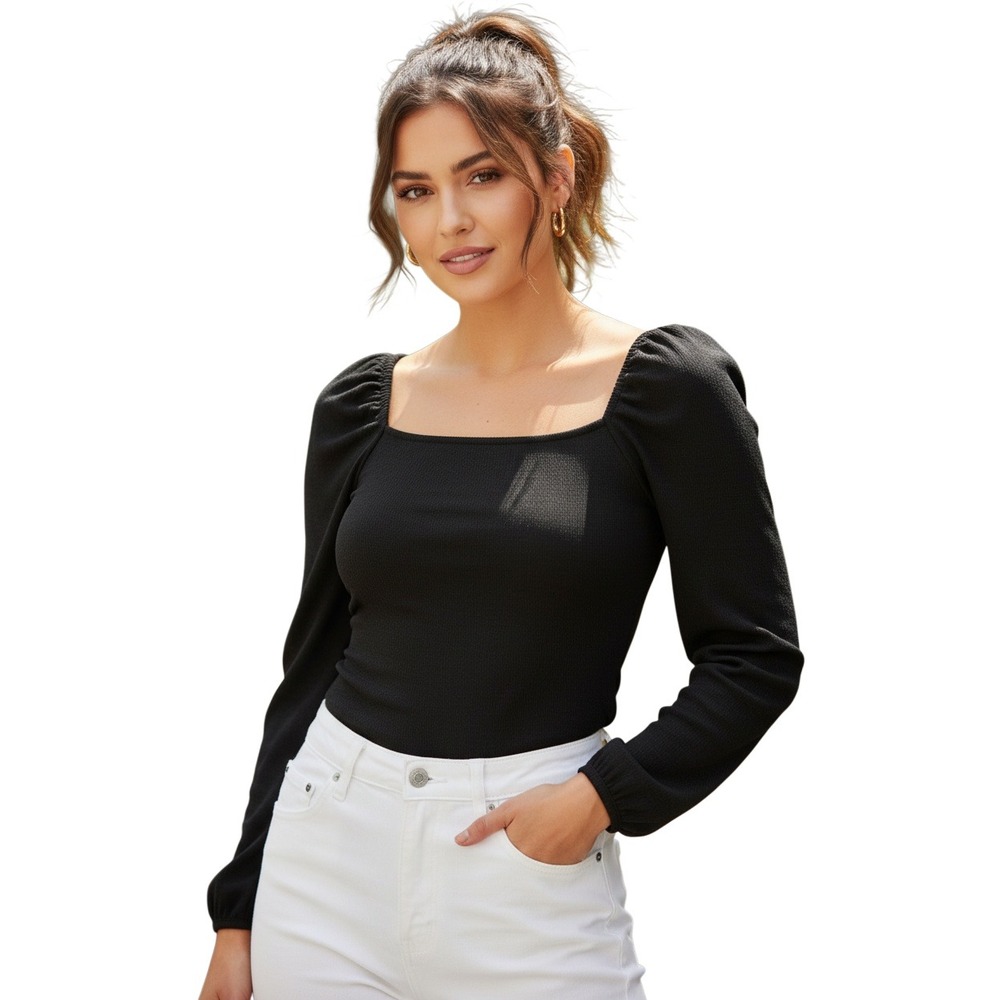 Madewell NWOT Square-Neck Puff-Sleeve Top Black Minimalist Chic Fit Small S